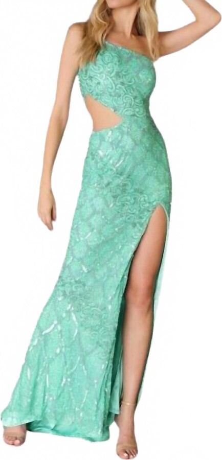 Primavera Side Cut Out One Shoulder Prom Dress In Jade