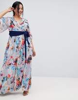 Thumbnail for your product : Little Mistress Plus plunge front maxi dress with cape detail in full bloom print