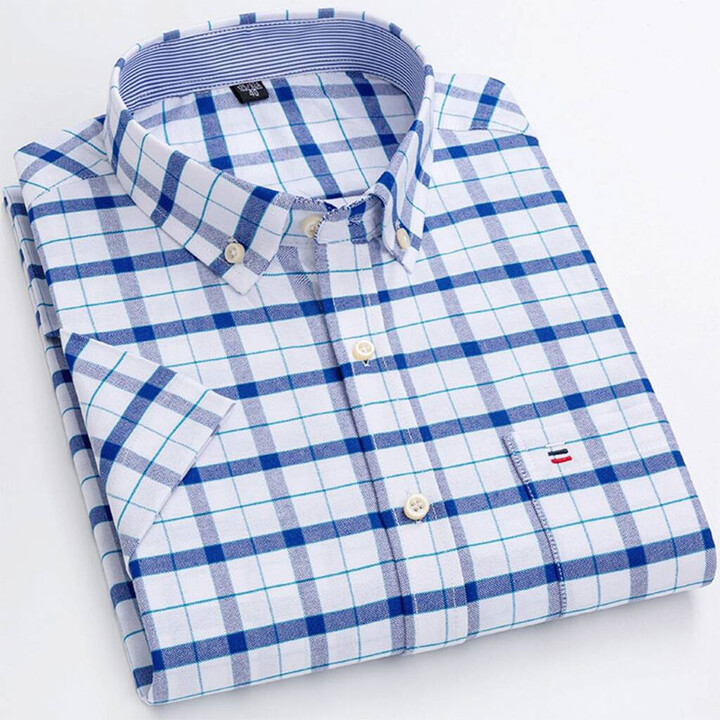 None 7XL Oversized Men & apos;s Summer 100% Cotton Plaid Striped Short-Sleeve Shirt Slim Fit Luxury Business Casual T-Shirts Oxford Clothing