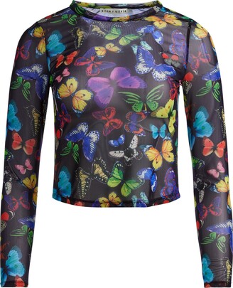 Alice + Olivia Delaina Butterfly Long Sleeve Mesh Crop Top