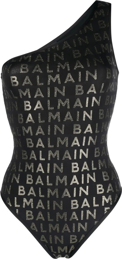 Balmain Glitter-Logo One-Shoulder Swimsuit