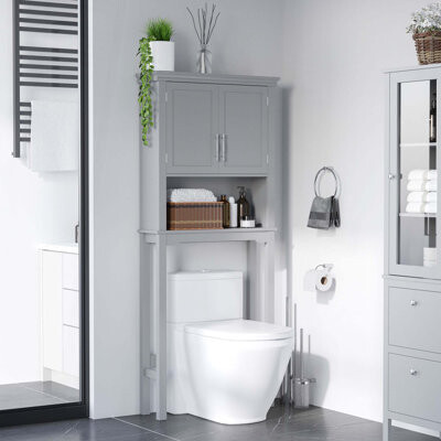 Lark Manor Modern Over The Toilet Storage Cabinet, Double Door Bathroom Organizer with Inner Adjustable Shelf and Open Shelf