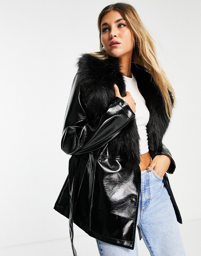 Topshop PU & faux fur trim short belted coat in black - ShopStyle