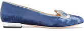 Thumbnail for your product : Charlotte Olympia The King Kitty Embroidered Velvet Slippers