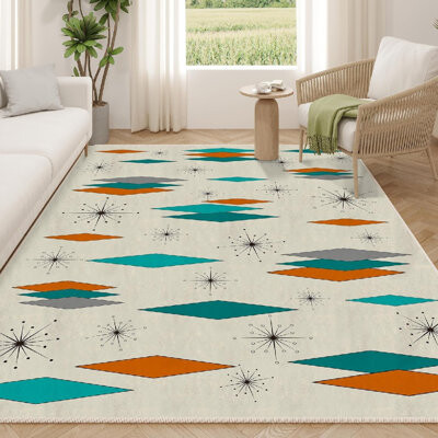 Mid Century Modern Rug For Living Room, 84 X 60, Blue, Beige And Orange