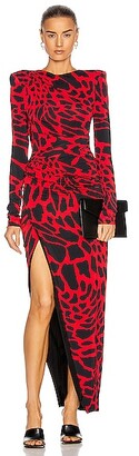 Alexandre Vauthier Giraffe Ruched Maxi Dress in Red,Animal Print