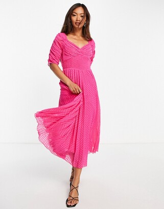 ASOS DESIGN ruched front pleated midi dress with shirred waist in chevron dobby in hot pink