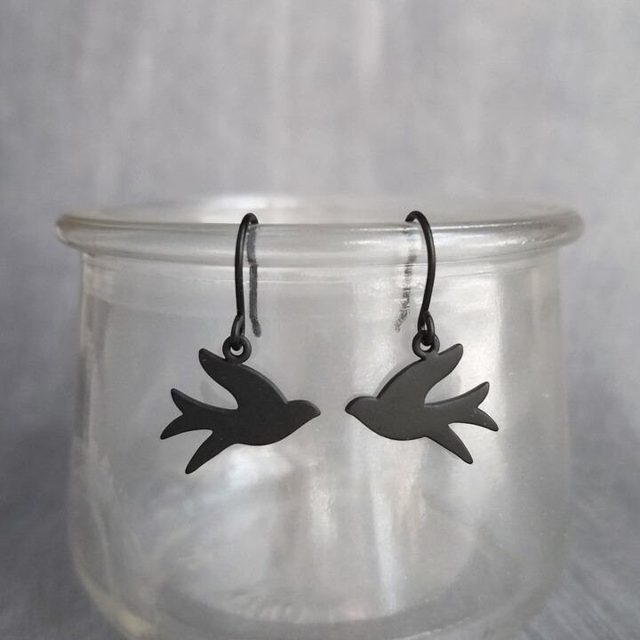 Black Bird Earrings, Matte Black Earring, Little Bird Small Sparrow Flying Facing Each Other