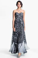 Thumbnail for your product : La Femme Print Strapless Chiffon Gown