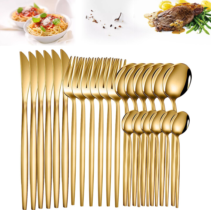 MYVIT 24pcs Dinnerware Set Stainless Steel Tableware Set Knife Fork Spoon Flatware Set Cutlery Set Knife Fork Spoon Tea Spoon