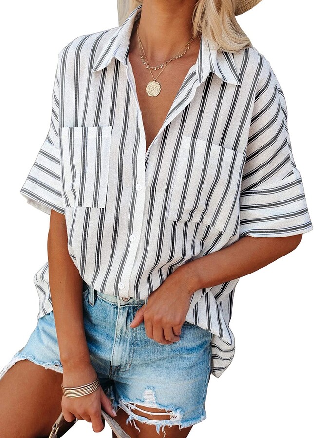 GOSOPIN Womens Striped Tops Long Roll Sleeve Button Down Blouses V Neck Casual Chiffon Shirt