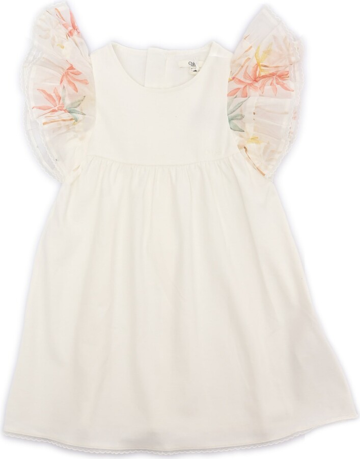 Short Sleeves Dress In 100% Organic Cotton Interlock. Ruffled Sleeves In 100% Organic Cotton Veil With Palm Grove Seasonal Print. Chlo Embroidery On