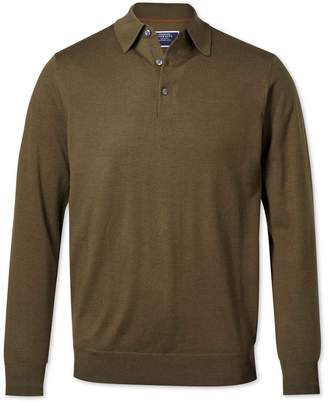 Charles Tyrwhitt Olive Wool Polo Collar Merino Sweater Size Large