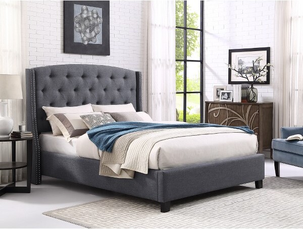 EPOCH VENTS QueenSizeUpholsteredPlatformBedwithNailHeadTrim