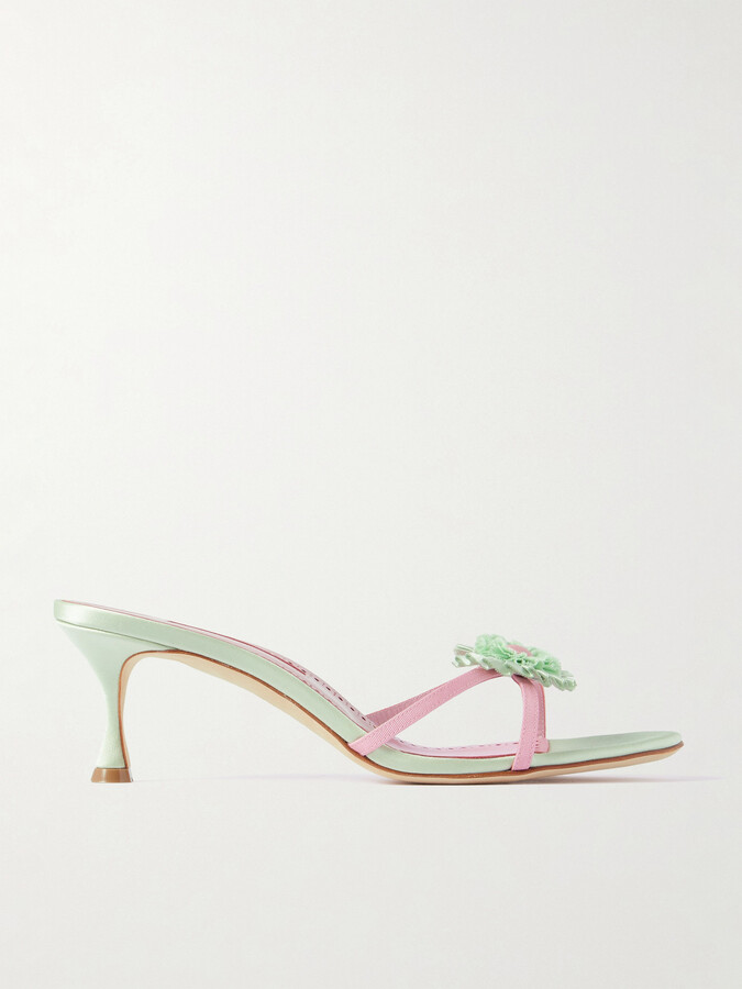 Manolo Blahnik Paliss 50 Appliquéd Satin Mules - Green