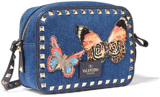 Valentino The Rockstud Leather-trimmed Embroidered Denim Shoulder Bag - Mid denim