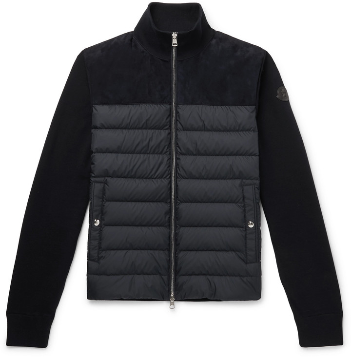 panelled jersey and quilted shell down jacket