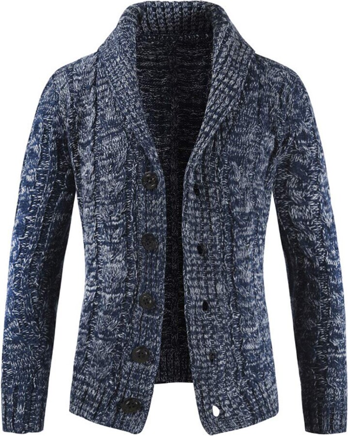 FUERI Mens Cable Knit Cardigan Chunky Knitted Jacket V Neck Shawl Collar Buttoned Knitwear Overcoat Outerwear
