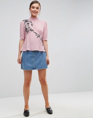 Asos Design ASOS Puff Sleeve Embroidered Blouse