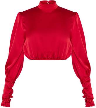 PrettyLittleThing Scarlet Satin Ruched Cuff Cropped Blouse
