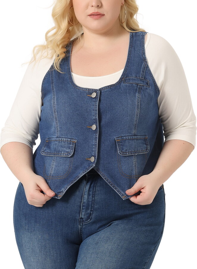 Unique Bargains Women’s Plus Size Denim Jackets Sleeveless Button Crop Waistcoat Vests 1X Blue