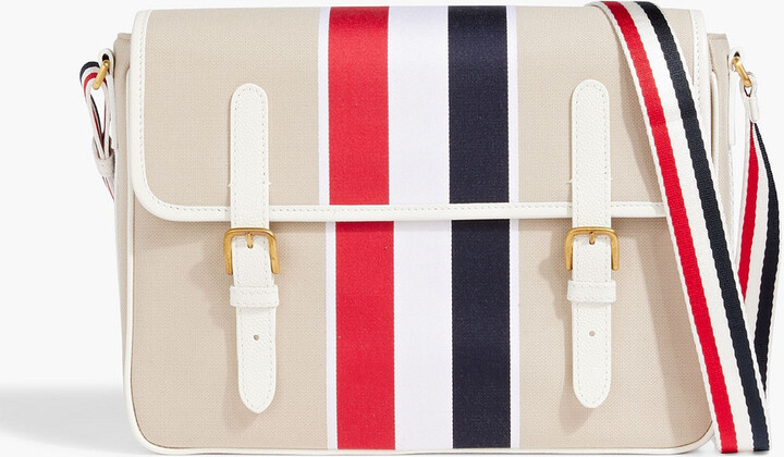 Leather-trimmed striped canvas messenger bag