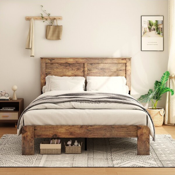 TIRAMISUBESTFull/KingSizePlatformBedw/Spliced-PatternHeadboard,FarmhouseWoodBedFramew/Under-BedStorageSpace