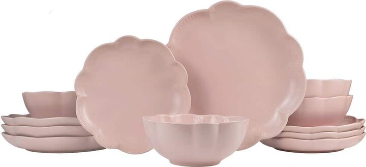 Sango Bethany 12-Piece Scalloped Pink Stoneware Dinnerware Set (Service for 4)