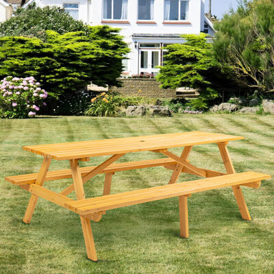 Ophelia & Co. Picnic Table For 8 People In Brown Wood With 2 Seats And Built-in Benches A Calming Outdoor Camping Garden Experience Wooden 8 Benches Ideal Use