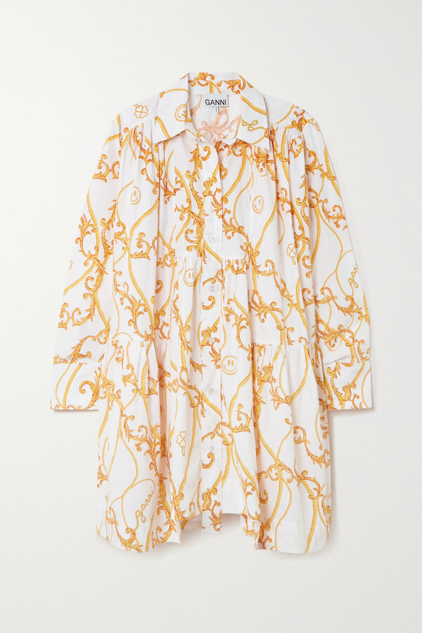 Ganni Printed Organic Cotton-poplin Mini Shirt Dress - Ivory - ShopStyle