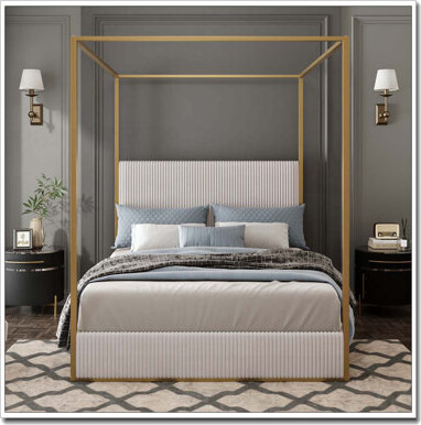 Metal Canopy Bed With Tall Corduroy Upholstered Headboard And Four Poster, No Box Spring Needed