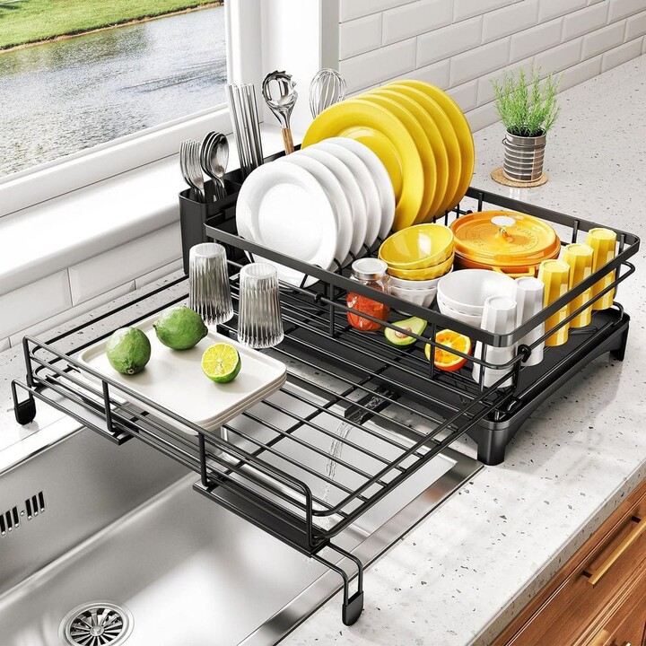 Wudkey Extendable Stainless Steel Dish Rack with Utensil Holder, Large Sink Drying Dish Drainer for Kitchen Counter