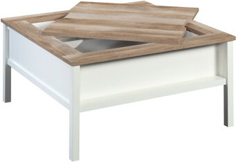 White Square Table For Gaming And Coffee, Removable Chess Top, Hidden Lower Shelf, Oak Details, Design, Quick Setup, 38.84 Inches Square, 18.48 Tall F