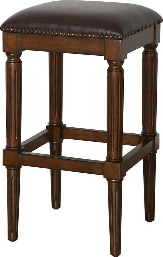 New Ridge Home Goods Manchester 27 in.H Distressed Walnut Backless Wood Square Counter Stool with Faux Leather Seat