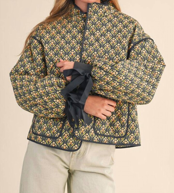 Merci Level Up Floral Quilted Jacket In Navy & Teal