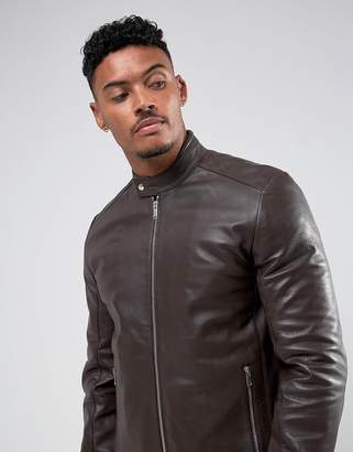 ASOS Design DESIGN leather biker jacket in brown