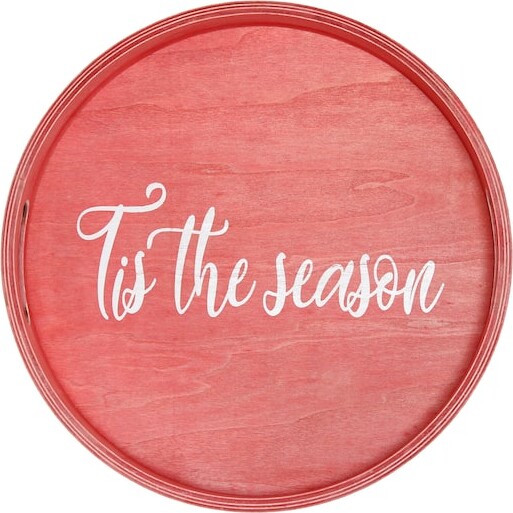 Elegant Designs 13.8" Round Tis the Season Serving Tray with Handles in Red Wash