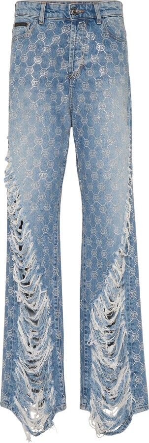 Philipp Plein Denim Skater Fit Trousers Strass Monogram