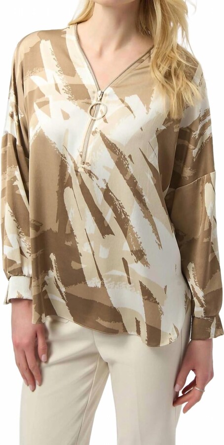 Joseph Ribkoff Abstract Zip V-Neck Satin Top In Beige/off-White