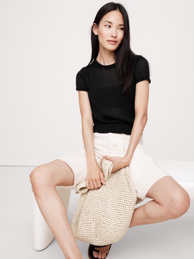 Fitted Linen Short-Sleeve Sweater
