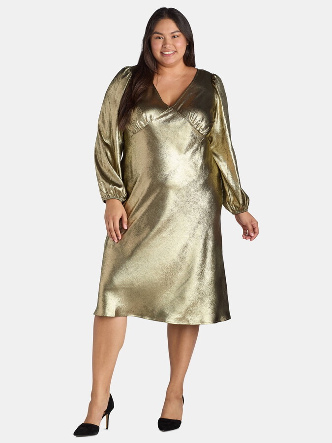 Nine.Eight Women’s and Women’s Plus V-Neck Satin Midi Dress with Long Sleeves, Sizes XS-4X
