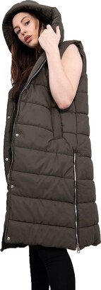 Urban Fashion Women's Gilet Jacket Longline Hooded Quilted Zip Up Vest Waistcoat Black Padded Winter Wear Bodywarmer Long Gilets Coat For Ladies (Grey)