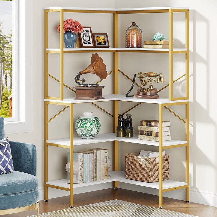 Lee Furniture 5-Tier Corner Bookshelf, 67 Inch Industrial Bookcase, L ...