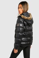 Thumbnail for your product : boohoo High Shine Hooded Padded Coat With Faux Fur Trim