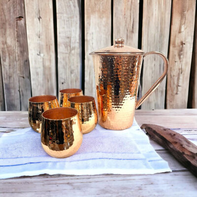 Ambiente Mexican Copper Crafts 5 - Piece Pitcher Set - Pure Copper Cups for Drinking - Pure Copper Water Pitcher and Tumbler set.