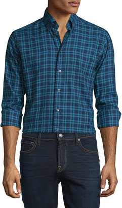 Eton Plaid Long-Sleeve Woven Sport Shirt, Navy/Turquoise