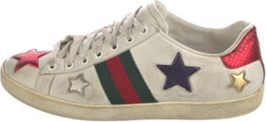 Gucci Leather Low Top Sneakers White Printed Web Accent & Hysteria Accent Round-Toes with Grosgrain Trim Lace-Up Closure at Uppers Designer