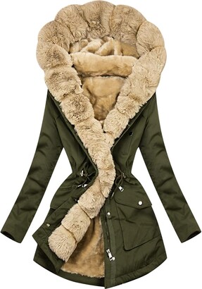 JERFER Womens Hooded Faux Fur Parka Jacket Warm Winter Solid Color Plus  Velvet Coats Overcoat - ShopStyle