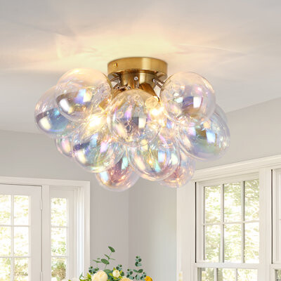 Everly Quinn Frachia 3 - Light Dimmable Semi Flush Mount With 13 Iridescent Glass Globe Bubble Ball