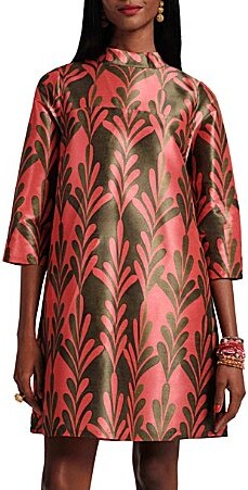 Diplomat Royal Palm Dupion Mock Neck 34 Sleeve Bow Back Dress